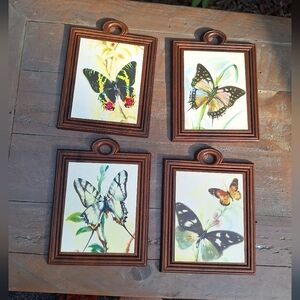 Vintage Wooden Wall Hanging Butterfly Decor Set of 4 Wood Watercolor Prints